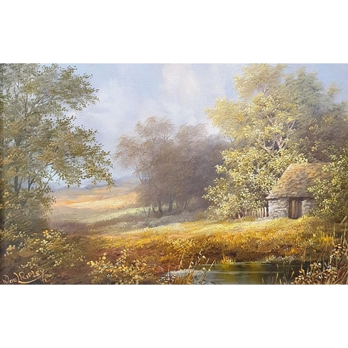 336 - Noel Ripley
 Oil on canvas
 Stone hut beside pond, signed, 18.5cm x 28cm