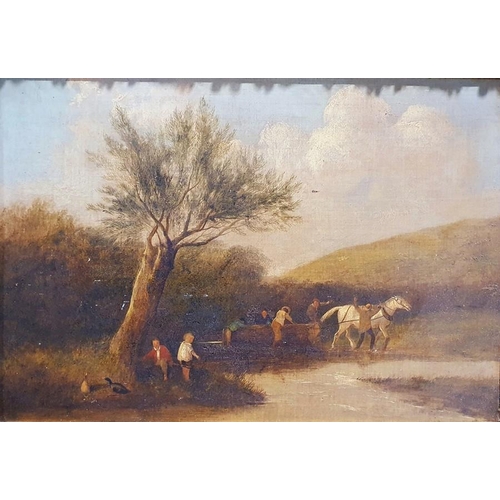 338 - British school (19th century)
 Oil on canvas
 Figures with a horse dragging a log, 35cm x 52cm with ... 