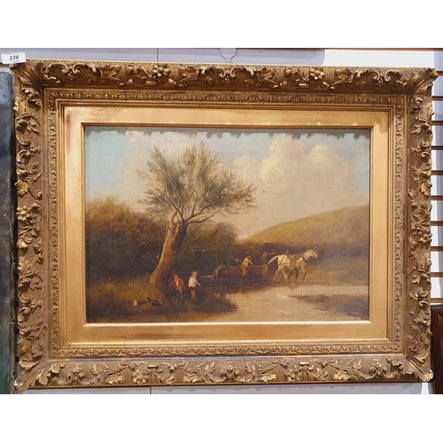 338 - British school (19th century)
 Oil on canvas
 Figures with a horse dragging a log, 35cm x 52cm with ... 