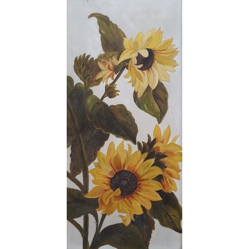 345 - Painted porcelain plaque decorated with sunflowers, 52cm x 24cm