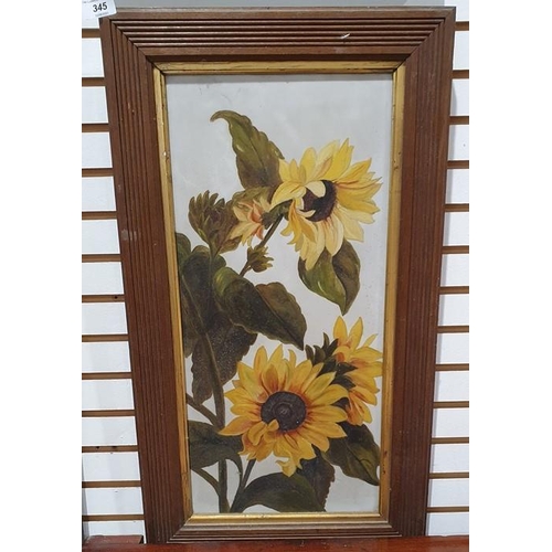 345 - Painted porcelain plaque decorated with sunflowers, 52cm x 24cm