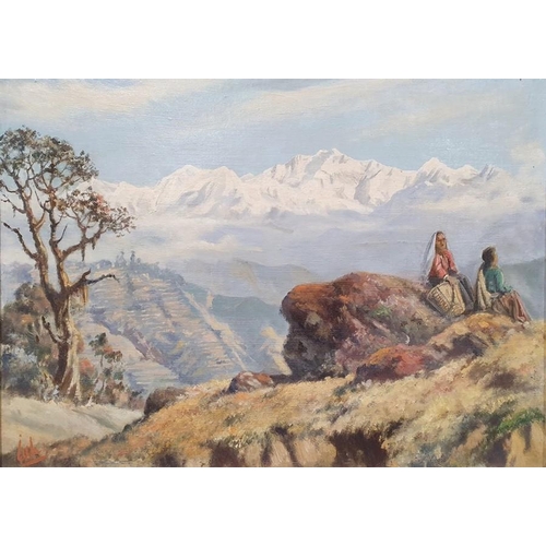 349 - Jimmy Hulbert
Oil on canvas board
Mountainous scene with terraces and figures seated in the foregrou... 