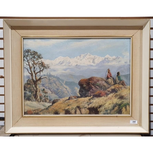 349 - Jimmy Hulbert
Oil on canvas board
Mountainous scene with terraces and figures seated in the foregrou... 