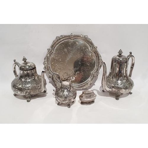 355 - Silver plated three-piece tea and coffee set comprising of teapot, milk jug and coffee pot, a silver... 