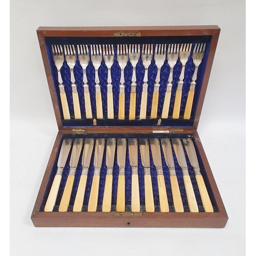 356 - Set of 12 pairs EPNS and yellow-handled fish eaters in mahogany case