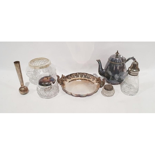 367 - Assorted teaspoons, glass and silver plated sugar sifter, teapot, jam pot and other items (1 box)