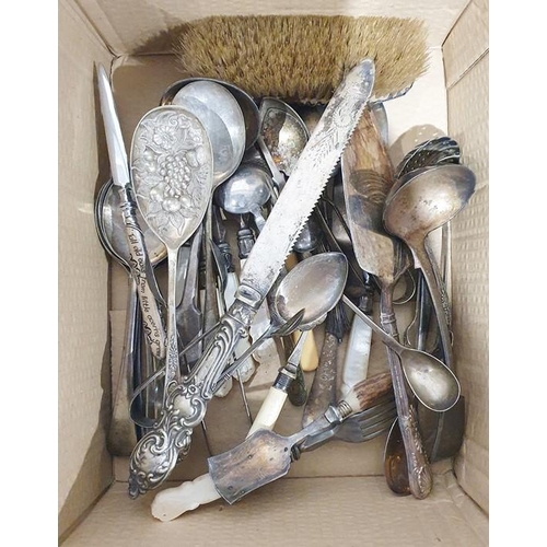 367 - Assorted teaspoons, glass and silver plated sugar sifter, teapot, jam pot and other items (1 box)