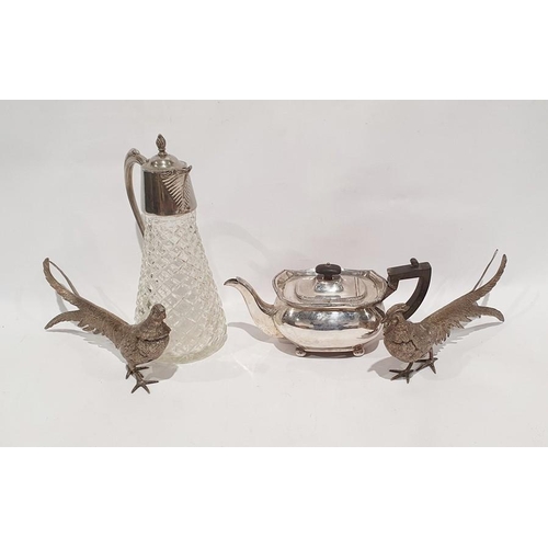 368 - Glass and silver plated claret jug, a pair of silver-coloured metal pheasants and a teapot (4)