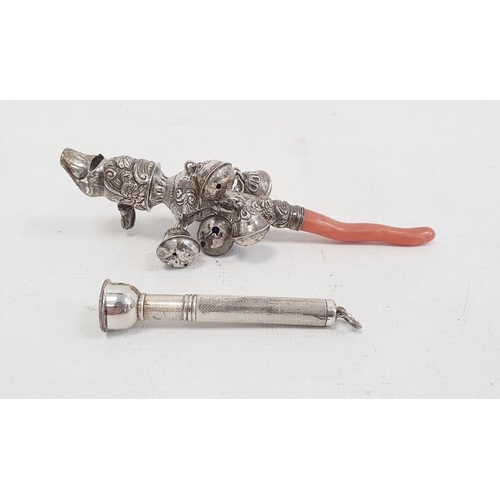 385 - Georgian silver baby's rattle and whistle with coral teether, 14cm and a silver scarf spike, Birming... 