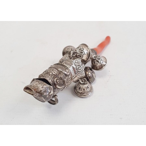 385 - Georgian silver baby's rattle and whistle with coral teether, 14cm and a silver scarf spike, Birming... 