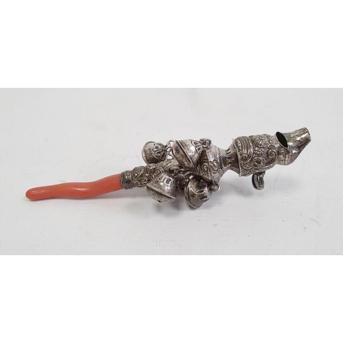 385 - Georgian silver baby's rattle and whistle with coral teether, 14cm and a silver scarf spike, Birming... 