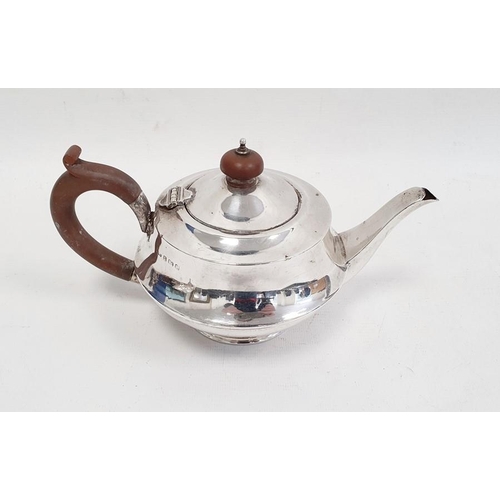 387 - 1930's silver teapot with wooden finial and handle, Birmingham 1935, maker's mark worn, 9ozt total a... 