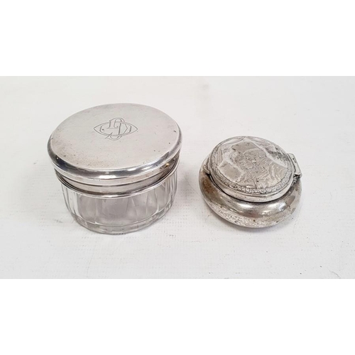 388 - Early 20th century circular glass and silver lidded trinket pot, initialled to lid, marks worn, 6.4c... 