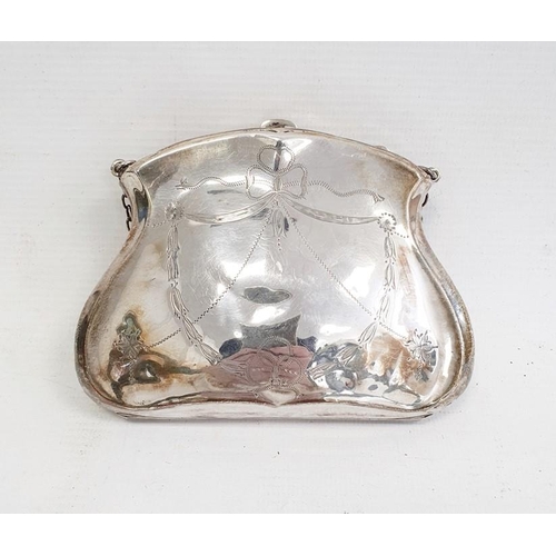 394 - George V silver-mounted purse with brown leather interior, engraved detail of bow and swags, Chester... 