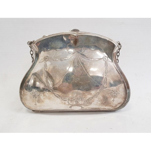 394 - George V silver-mounted purse with brown leather interior, engraved detail of bow and swags, Chester... 