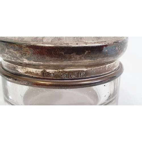 399 - Edward VII silver lidded and glass circular trinket pot, 4.5cm diameter x 2.7cm high, Birmingham 190... 