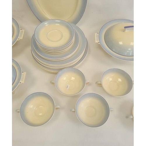 40 - Mid 20th century Royal Doulton pottery part dinner service, cream with banded blue borders, geometri... 