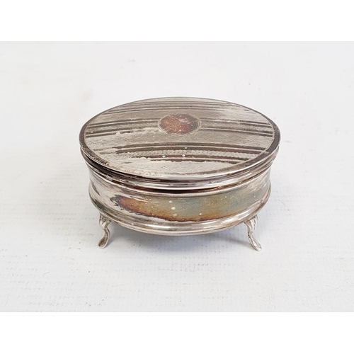 404 - Early 20th century silver oval mounted trinket box, on cabriole supports, engraved decoration to lid... 