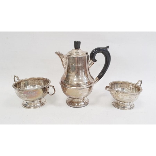 411 - Three-piece silver tea set by Marson & Jones, Birmingham 1932 of circular form with bead borders com... 