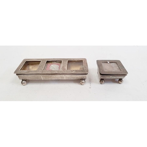 420 - Silver stamp box, Birmingham 1910 of rectangular form, the hinged cover with three apertures and on ... 