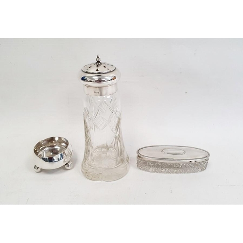 443 - A large cut glass sifter with silver cover, 17cm high and a cut glass dressing table box with silver... 