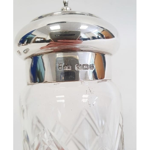 443 - A large cut glass sifter with silver cover, 17cm high and a cut glass dressing table box with silver... 