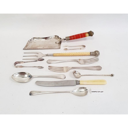 458 - A 1920s silver fork, Birmingham 1928, a silver spoon, another and a quantity of plated flatware