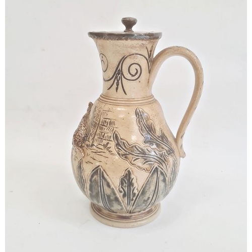 46 - Hannah Barlow Doulton Lambeth salt glazed stoneware jug with silver hinged lid, sgraffito engraved a... 