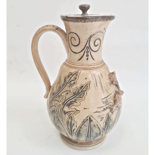 46 - Hannah Barlow Doulton Lambeth salt glazed stoneware jug with silver hinged lid, sgraffito engraved a... 