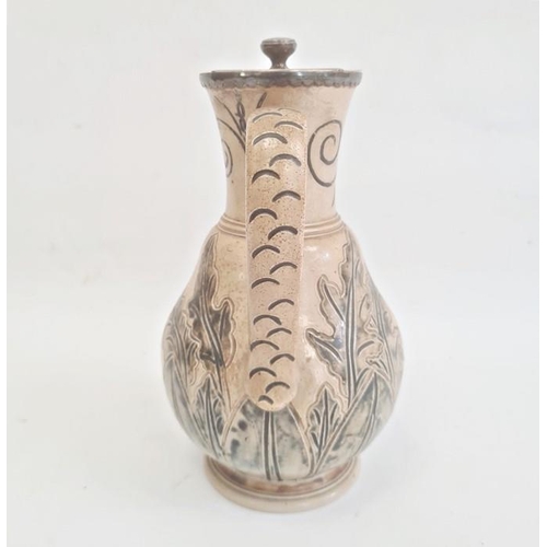 46 - Hannah Barlow Doulton Lambeth salt glazed stoneware jug with silver hinged lid, sgraffito engraved a... 