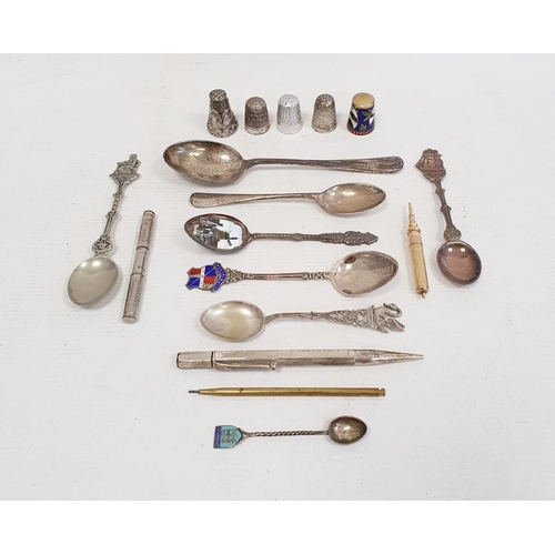 471 - Assorted plated and silver souvenir spoons, various thimbles one marked Mexico, propelling pencils e... 