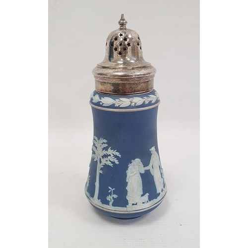 48 - Wedgwood blue and white jasperware and silver plated sugar caster (lid loose)