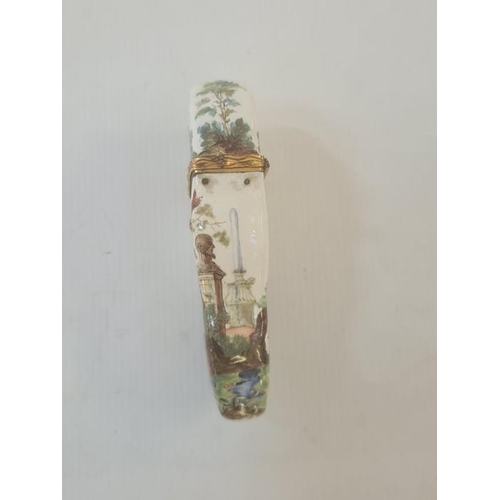 57 - 18th century French enamel etui of shaped form decorated with musicians in a garden setting, with gi... 