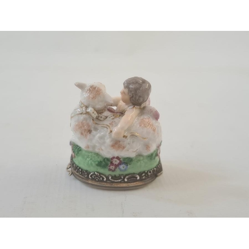 58 - 19th century French porcelain figural bonbonniere in Chelsea style modelled with cupid and a sheep, ... 