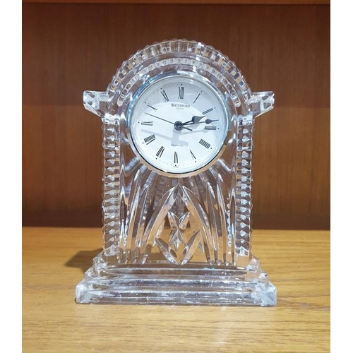 82 - Waterford cut glass timepiece/clock, acid etched mark to base, height approx. 19cm,