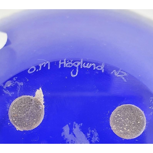 89 - Hoglund (New Zealand) blue and clear cased glass bowl with acid etched signature to base and bears o... 