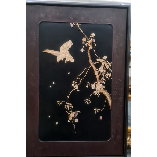 149 - Pair Japanese shibayama lacquer panels, bone and mother-of-pearl inlaid, birds on flowering branches... 