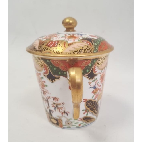 32 - Spode two handled cup and cover, circa. 1820 of tapering form with scroll handles decorated in the I... 
