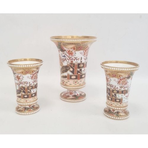 38 - Garniture of three Spode vases each of cylindrical form with flared rims and bead borders, decorated... 