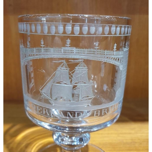 68 - 19th century Sunderland Bridge glass rummer, the bowl engraved with a titled scene of a sailing boat... 