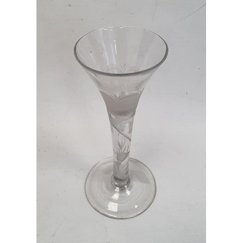70 - Mid 18th century wine glass with trumpet bowl, the stem and bowl engraved with Jacobite Rose decorat... 