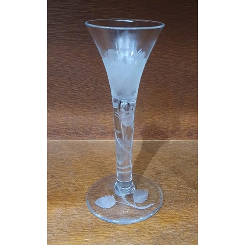70 - Mid 18th century wine glass with trumpet bowl, the stem and bowl engraved with Jacobite Rose decorat... 