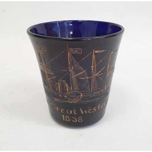 71 - Victorian Bristol blue glass tumbler commemorating the Great Western with an etched and gilded depic... 