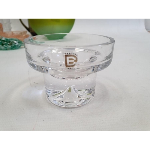 76 - Sowerby glass Art Deco dressing table set, a Whitefriars jug, two Dartington candleholders by Frank ... 