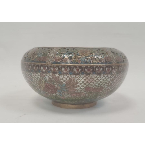 81 - Japanese plique-a-jour enamel bowl with incurved rim, brass mounted and decorated with koi carp and ... 