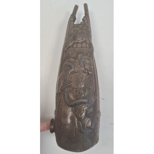 82 - ****** WITHDRAWN ****** Pair of Japanese spelter vases, each decorated with warriors on a ground of ... 