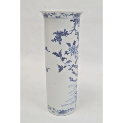87 - Chinese blue and white vase of cylindrical form decorated with a tree surrounded by flowers, birds a... 