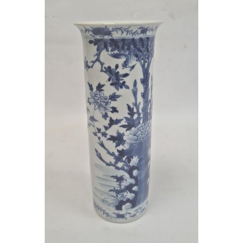 87 - Chinese blue and white vase of cylindrical form decorated with a tree surrounded by flowers, birds a... 
