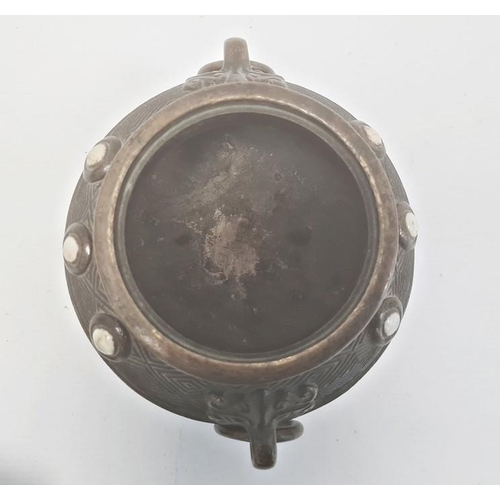 88 - Chinese 19th century bronze and enamel koro and cover, the domed lid with dog of fo finial and the t... 