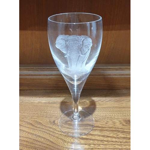 100a - Lesley Pyke, wine glass with engraved elephant, signed, together with a modern glass decanter (2)